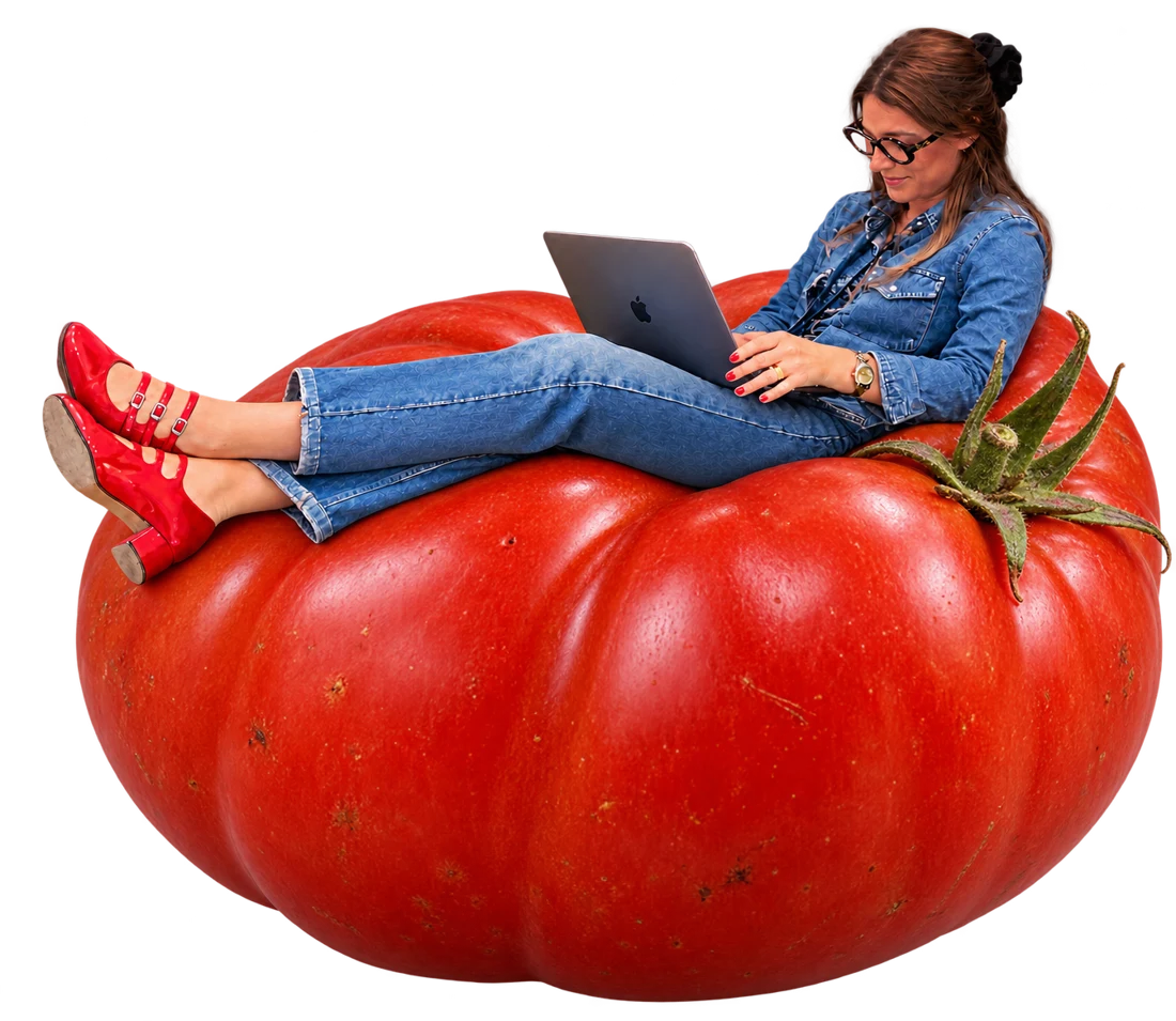 Diane assise sur une tomate géante, son ordinateur sur les genoux